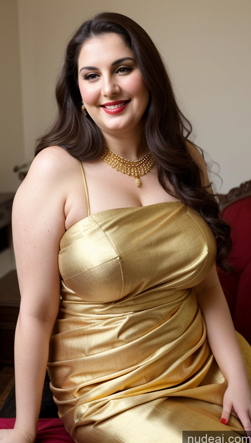 ai nude image of araffe woman in a gold dress sitting on a red couch pics of Milf Busty Beautiful Lipstick Thick Chubby Fat Big Hips Fairer Skin 20s Happy Seductive Brunette Long Hair Russian Party Front View Straddling Sari Blouse Dirndl Victorian Cleavage Gold Jewelry