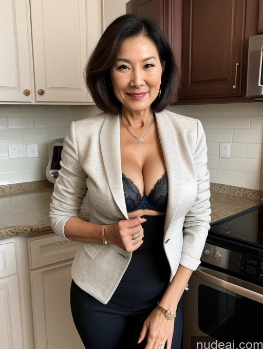 ai nude image of there is a woman standing in a kitchen with a stove pics of Milf Two Perfect Boobs Beautiful Perfect Body 70s Bobcut Chinese Kitchen Bra Jacket Professor Stylish Suit Cleavage Detailed Sexy Face