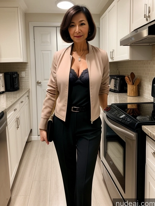 ai nude image of woman in black pants and a beige jacket standing in a kitchen pics of Milf Two Perfect Boobs Beautiful Perfect Body 70s Bobcut Chinese Kitchen Bra Jacket Professor Stylish Suit Cleavage Detailed Sexy Face