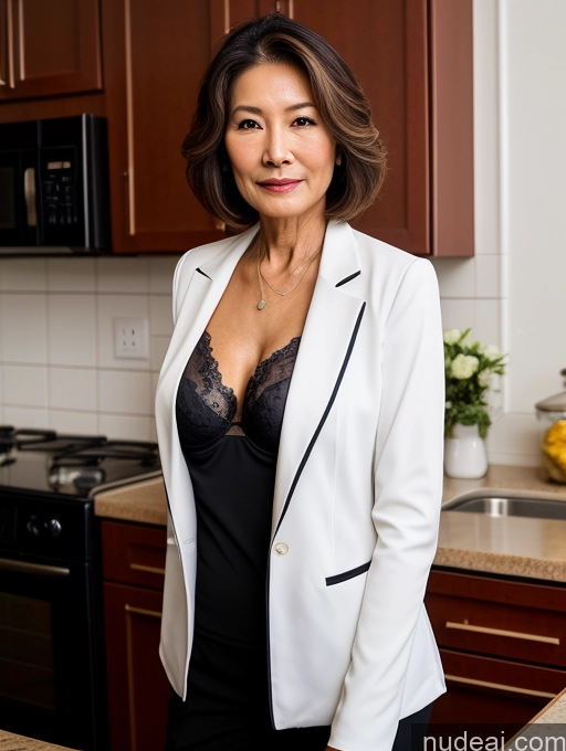 ai nude image of woman in white jacket standing in kitchen with counter top and cabinets pics of Milf Two Perfect Boobs Beautiful Perfect Body 70s Bobcut Chinese Kitchen Bra Jacket Professor Stylish Suit Cleavage Dark Lighting Detailed Sexy Face