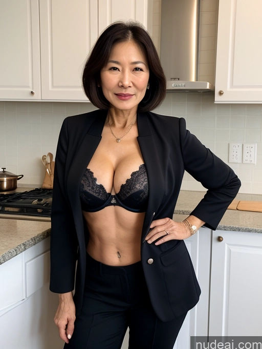 ai nude image of there is a woman in a black suit posing for a picture pics of Milf Two Perfect Boobs Beautiful Perfect Body 70s Bobcut Chinese Kitchen Bra Jacket Professor Stylish Suit Cleavage Detailed Sexy Face