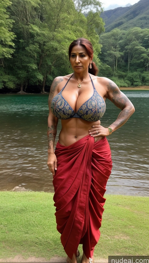 ai nude image of a woman with a big breast standing in front of a body of water pics of Beautiful Muscular Cleavage Sexy Face Milf Big Ass Thick Huge Boobs 60s Sari Tall Indonesian Ponytail Ginger Front View Big Hips Tattoos T-pose Lake