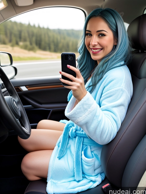 related ai porn images free for One Woman Perfect Boobs 20s Russian Front View Happy Long Hair Blue Hair Car Mirror Selfie Jumping Bathrobe