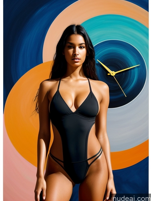 ai nude image of arafed woman in a black swimsuit standing in front of a clock pics of Model One Perfect Boobs Perfect Body Tanned Skin 18 Sexy Face Black Hair Long Hair Brazilian Surrealist Couch Front View Detailed Sports