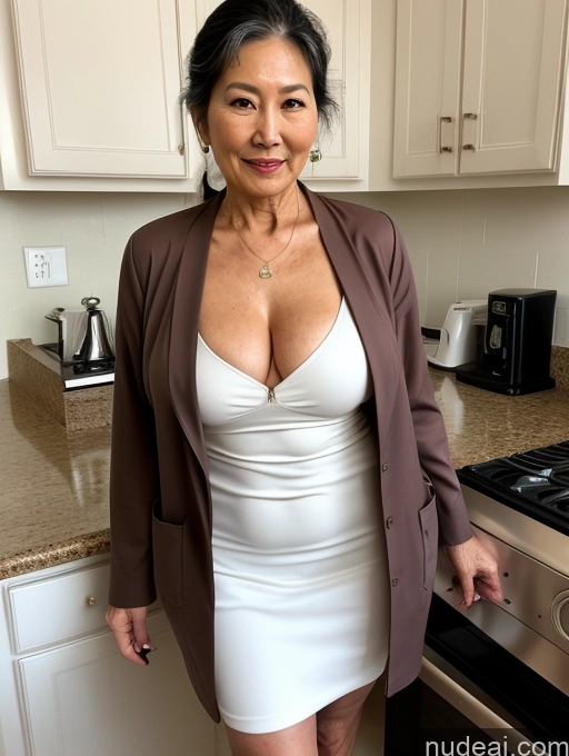 ai nude image of there is a woman in a white dress and brown blazer posing for a picture pics of Milf Perfect Boobs Beautiful Perfect Body Pubic Hair 70s Japanese Kitchen Nude Blouse Jacket Professor Secretary Stylish Topless Detailed