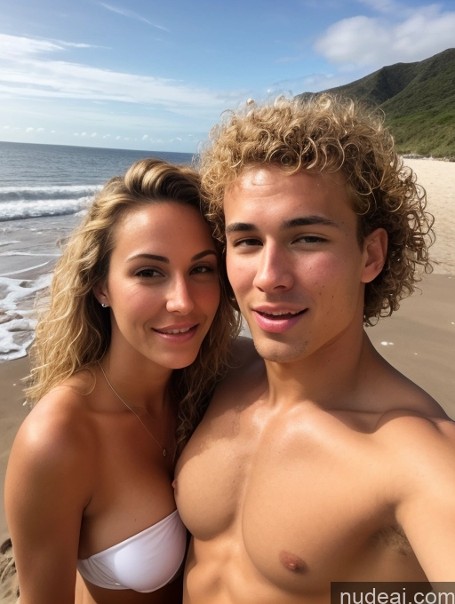 ai nude image of blond haired man and woman posing for a selfie on the beach pics of Two Perfect Boobs Glasses Small Tits Big Ass Skinny Perfect Body Tanned Skin 18 Orgasm Shocked Blonde Curly Hair British Film Photo Bikini Partially Nude Bright Lighting Detailed Front View Beach Blowjob Woman + Man