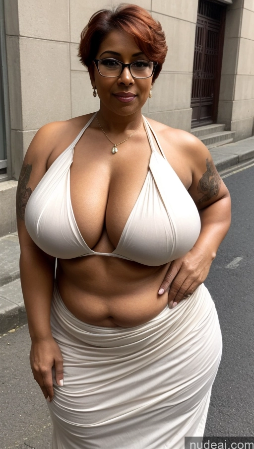 ai nude image of arafed woman in a white dress posing for a picture pics of Milf Huge Boobs Beautiful Tattoos Big Ass Thick Big Hips Tall Dark Skin 60s Street Close-up View T-pose Sari Cleavage Sexy Face Busty Fat Glasses Muscular Pixie Ginger Skin Detail (beta) Latina