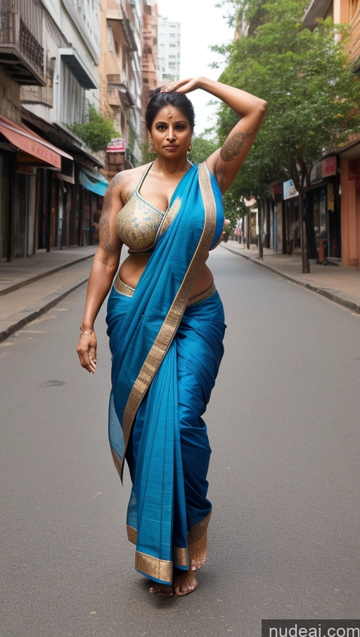 ai nude image of araffe woman in a blue sari walking down a street pics of Milf Huge Boobs Beautiful Tattoos Big Ass Thick Big Hips Tall 60s T-pose Sari Cleavage Sexy Face Muscular Ginger Skin Detail (beta) Dark Skin Indian Street Ponytail Front View Abs