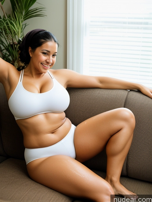 ai nude image of araffe woman in white underwear sitting on a couch in a living room pics of Woman Big Hips Big Ass Oiled Body Brunette Latina Film Photo Huge Boobs Short Hair Bun Front View Nun 30s Happy Couch Spreading Legs Yoga Pants