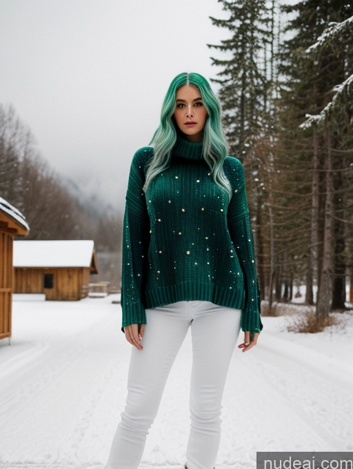 related ai porn images free for Miss Universe Model One Fairer Skin 20s Green Hair French Detailed Snow Long Hair Sweater