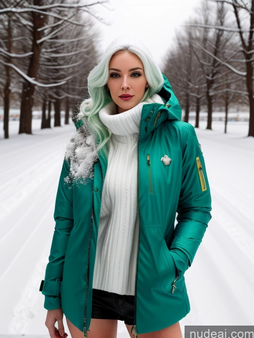 related ai porn images free for Miss Universe Model One Fairer Skin 20s Green Hair French Detailed Snow Long Hair Jacket Stylish