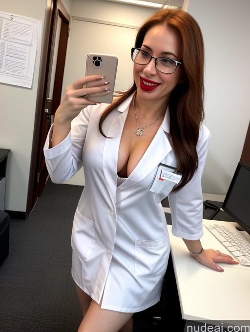 ai nude image of woman in white lab coat taking a selfie in front of a computer pics of Woman One Fairer Skin Perfect Body Short Lipstick Beautiful Perfect Boobs Glasses 30s Happy Ginger Long Hair Latina Front View Blowjob Nurse Lab Coat Diamond Jewelry Office