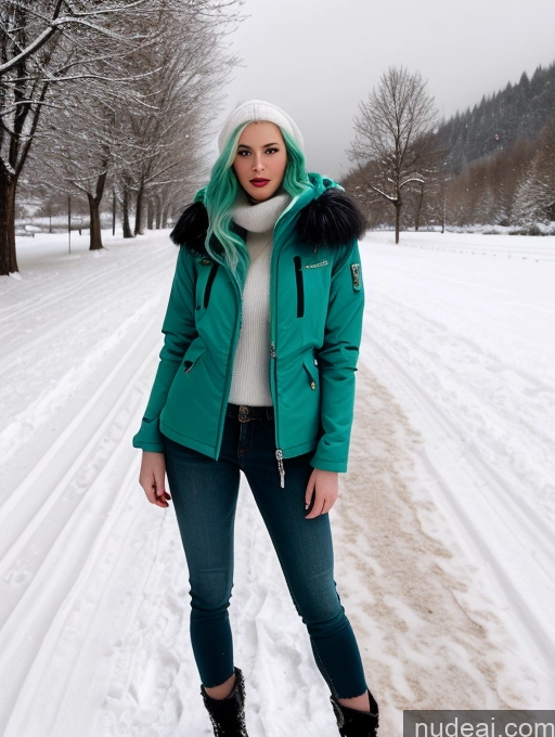 related ai porn images free for Miss Universe Model One Fairer Skin 20s Green Hair French Detailed Snow Long Hair Jacket Stylish