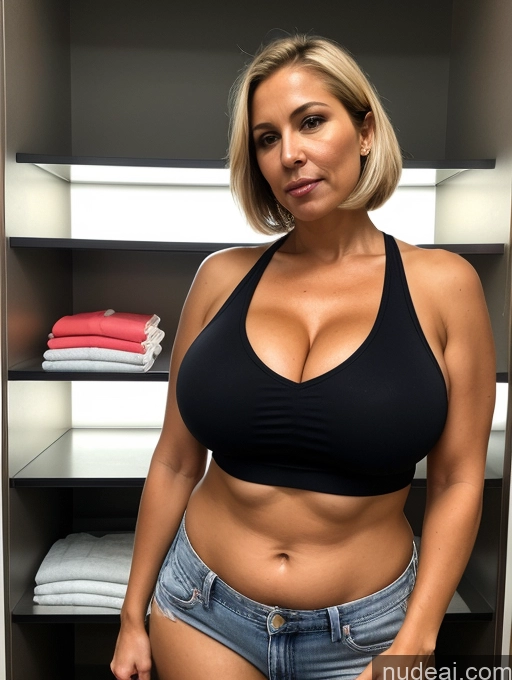 ai nude image of arafed woman in a black bra top and jeans standing in a closet pics of Tank Top Serious White Huge Boobs Tanned Skin Blonde Bobcut Front View Cleavage Milf Eating Jeans Seductive Sexy Face 30s Sad Changing Room