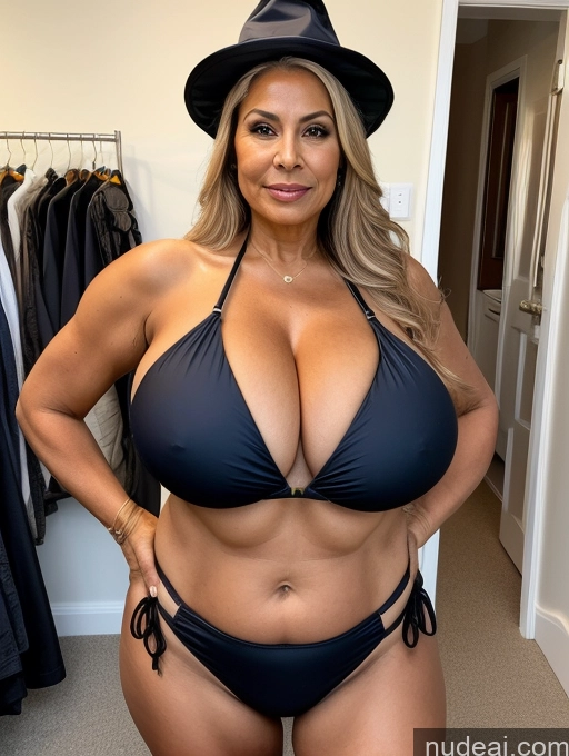 ai nude image of arafed woman in a black bikini and hat posing for a picture pics of Milf One Busty Huge Boobs Tanned Skin Thick 70s Brazilian Front View Microkini Thong Construction Worker Lumberjack Witch