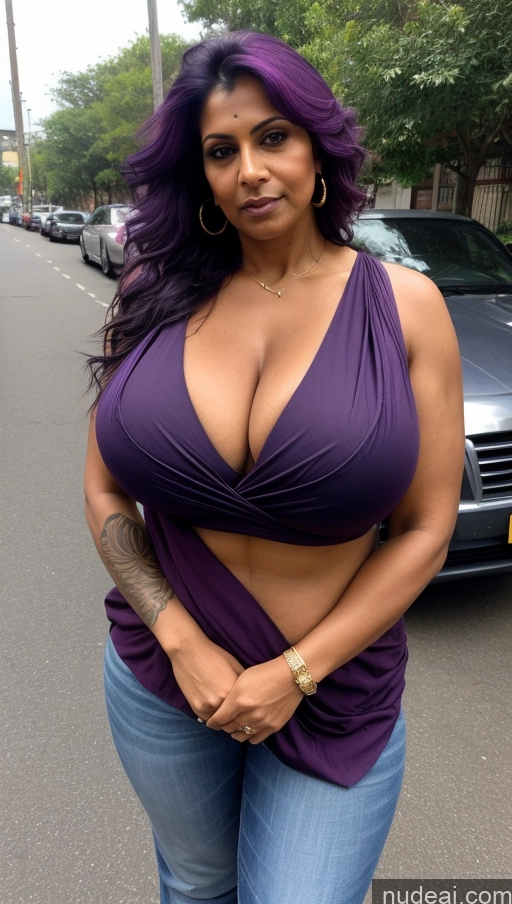 ai nude image of arafed woman with purple hair and big breast posing for a picture pics of Milf Huge Boobs Beautiful Tattoos Big Ass Thick Big Hips Tall T-pose Blouse Sari Cleavage Sexy Face Close-up View Serious 50s Dark Fantasy Indian Dark Skin Muscular Purple Hair Street Messy