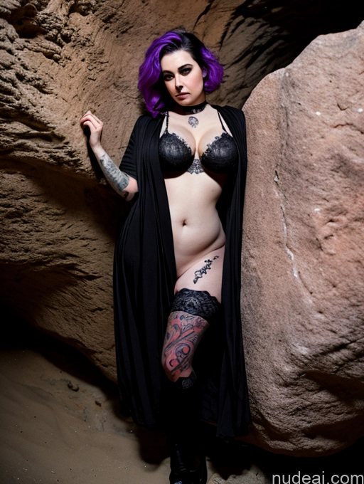 Woman Busty Fairer Skin 20s Purple Hair Pixie Tattoos White Nude Goth Cave Millie