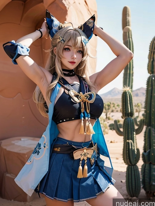 Woman Huge Boobs Beautiful Muscular Big Ass Abs Tall 30s Detailed Kirara: Genshin Impact Cosplayers Desert Micro Skirt