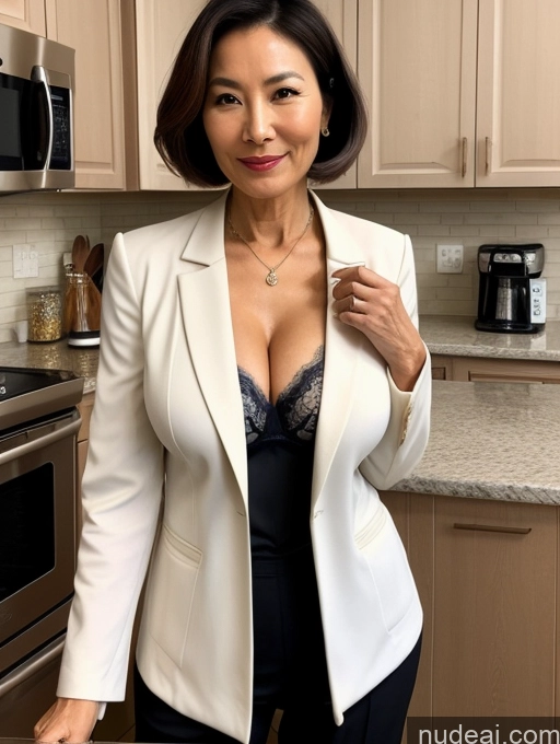 ai nude image of arafed woman in a white blazer and black pants in a kitchen pics of Milf Two Perfect Boobs Beautiful Perfect Body 70s Bobcut Chinese Kitchen Bra Jacket Professor Stylish Suit Cleavage Detailed Sexy Face