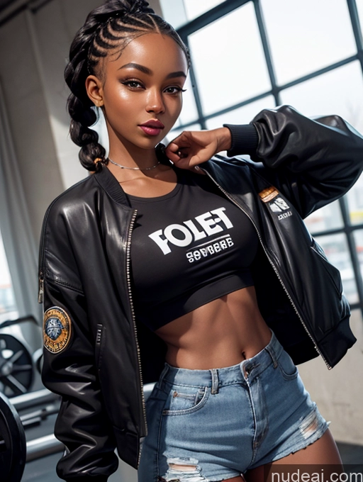 related ai porn images free for Model One Beautiful Perfect Body Dark Skin 20s Seductive Happy Black Hair Braided African Gym Front View Bomber Casual Crop Top Jacket Jeans Stylish Detailed