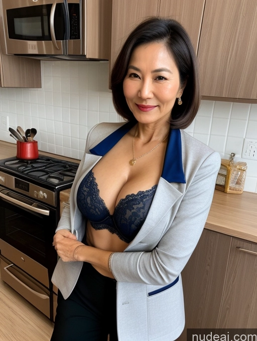 ai nude image of arafed asian woman in a gray jacket and black pants posing in a kitchen pics of Milf Two Perfect Boobs Beautiful Perfect Body 70s Bobcut Chinese Kitchen Bra Jacket Professor Stylish Suit Cleavage Detailed Sexy Face