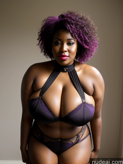 ai nude image of there is a woman in a purple bra top and black panties pics of Milf One Busty Huge Boobs Perfect Boobs Lipstick Thick Chubby Fat Short Pubic Hair Long Hair 40s African Front View Harlequin Stockings Suspender Belt Thong Bright Lighting Sexy Face Purple Hair