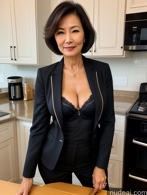 ai nude image of woman in black jacket and bra top standing in kitchen with counter top pics of Milf Two Perfect Boobs Beautiful Perfect Body 70s Bobcut Chinese Kitchen Bra Jacket Professor Stylish Suit Cleavage Detailed Sexy Face