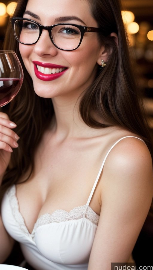 related ai porn images free for Woman One Beautiful Lipstick Perfect Body Fairer Skin 20s Brunette Long Hair Russian Film Photo Close-up View Chemise Cleavage Wine Dark Lighting Happy Glasses Eating Laughing Restaurant Shirt Micro Skirt