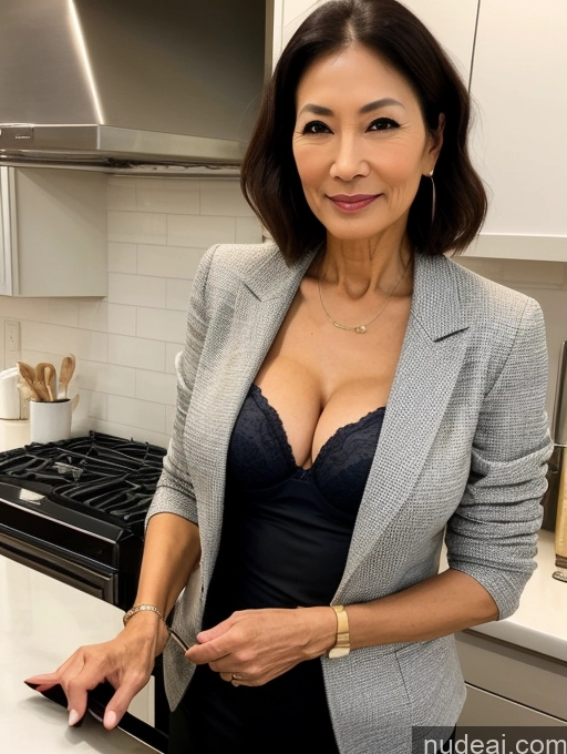 ai nude image of arafed woman in a black dress and blazer cutting a cake pics of Milf Two Perfect Boobs Beautiful Perfect Body 70s Bobcut Japanese Kitchen Bra Jacket Professor Stylish Suit Cleavage Detailed Sexy Face