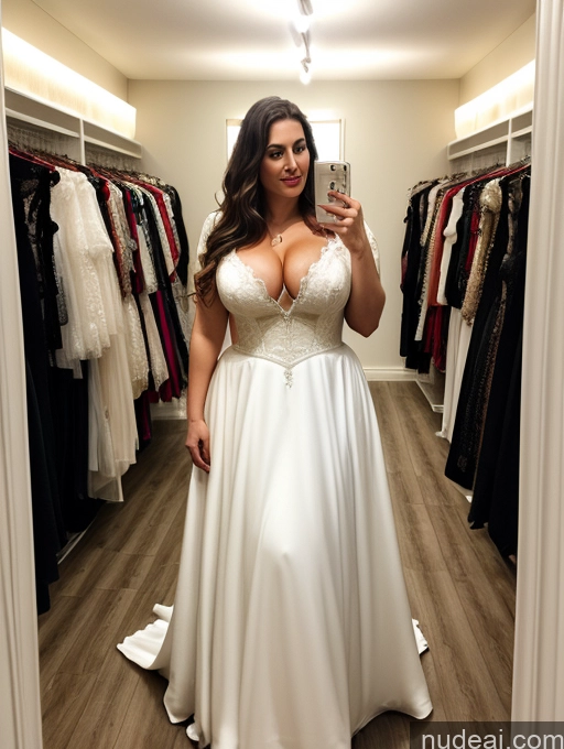 ai nude image of araffe woman taking a selfie in a wedding dress in a closet pics of Woman Busty Big Ass Chubby Big Hips Fairer Skin 30s Brunette Messy White Film Photo Dress Wedding Cleavage Dark Lighting Detailed Changing Room Victorian