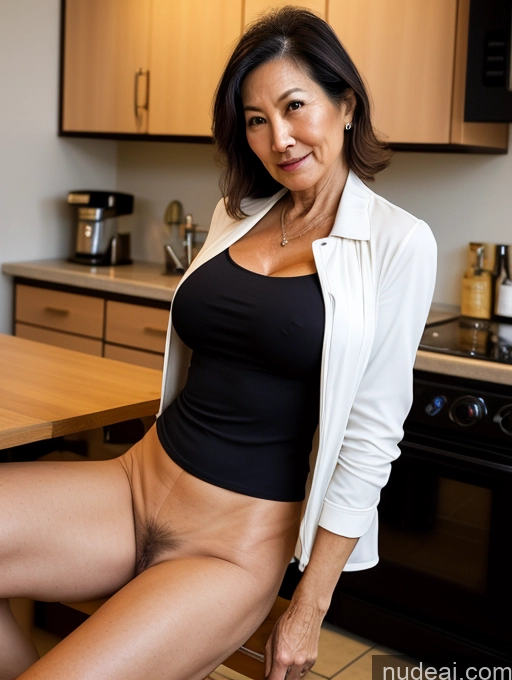 ai nude image of there is a woman sitting on a kitchen counter posing for a picture pics of Milf Perfect Boobs Beautiful Perfect Body Pubic Hair 70s Japanese Kitchen Spreading Legs Nude Blouse Jacket Professor Secretary Stylish Topless Dark Lighting Detailed