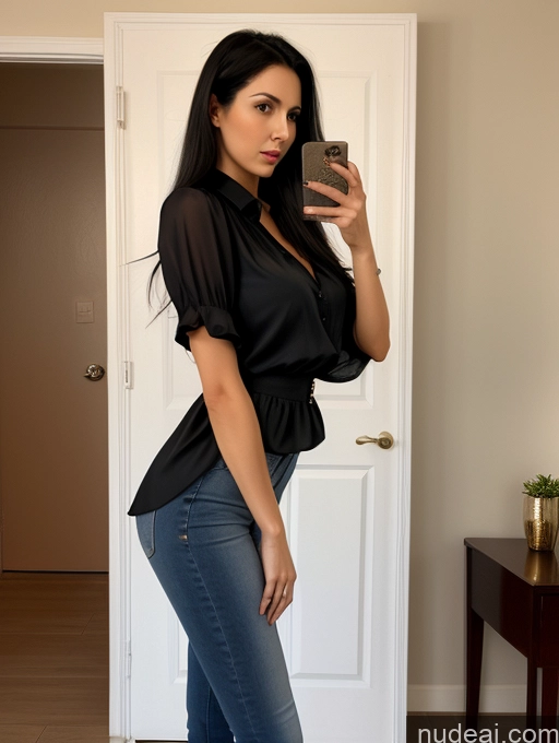 ai nude image of araffe woman in jeans and a black top taking a selfie pics of Woman One 20s Sexy Face Long Hair Black Hair Russian Skinny Long Legs Big Hips Front View Bending Over Blouse