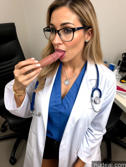 ai nude image of blond woman in lab coat and glasses eating a large pink object pics of Woman One Small Tits Glasses Lipstick Perfect Body Short 30s Serious Blonde Long Hair Latina Front View Doctor Lab Coat Jewelry Blowjob