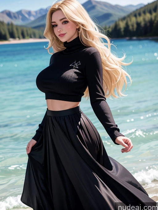 related ai porn images free for Woman One Busty Beautiful 20s Seductive Happy Blonde Long Hair Thick Perfect Body British Soft Anime Front View Goth Lake Long Skirt Sweater Western Diamond Jewelry Detailed