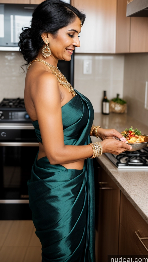 ai nude image of woman in green dress preparing food in kitchen with stove and oven pics of Milf One Perfect Boobs 30s Laughing Black Hair Long Hair Indian Skin Detail (beta) Kitchen Side View Cooking Sari Diamond Jewelry Dark Lighting Detailed