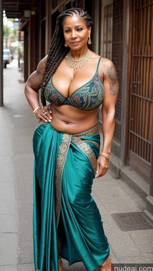 ai nude image of araffe woman in a green sari posing for a picture pics of Busty Huge Boobs Tattoos Big Ass Thick Big Hips Dark Skin Seductive Sexy Face Close-up View Muscular Beautiful Tall Braided Street Milf Ginger Brazilian Sari T-pose 70s