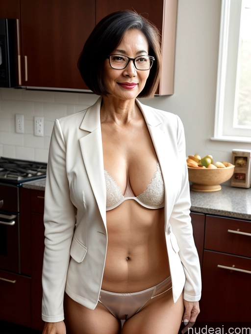 ai nude image of there is a woman in a white suit and glasses posing for a picture pics of Milf Perfect Boobs Beautiful Glasses Perfect Body 60s Bobcut Chinese Kitchen Nude Bra Jacket Professor Secretary Stylish Suit Cleavage Dark Lighting Detailed Sexy Face