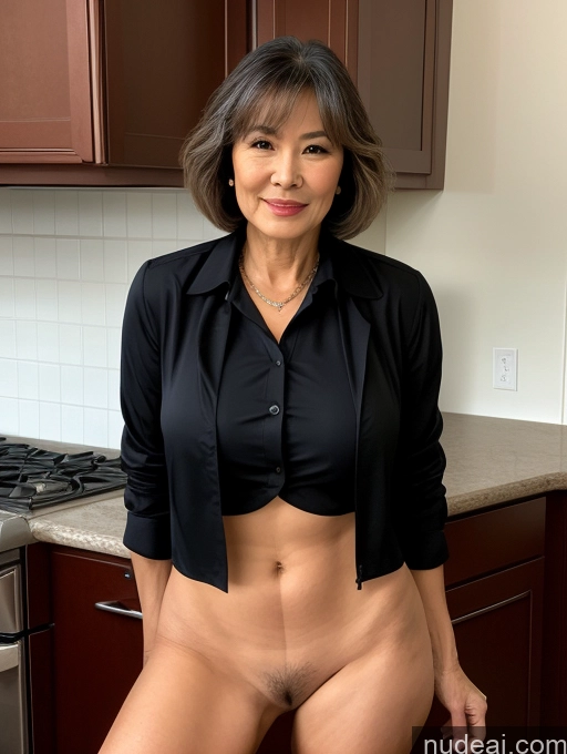 ai nude image of there is a woman posing naked in a kitchen with a stove pics of Milf Perfect Boobs Beautiful Perfect Body Pubic Hair 70s Seductive Pixie Chinese Kitchen Spreading Legs Nude Blouse Bra Casual Jacket Professor Secretary Shirt Stylish Dark Lighting Detailed Sexy Face