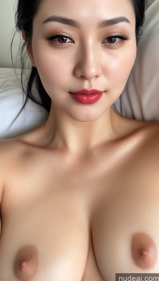 ai nude image of arafed asian woman with big breastes laying on a bed pics of Woman One Perfect Boobs Beautiful Lipstick Thick Black Hair Close-up View Detailed Fairer Skin 30s Slicked Korean