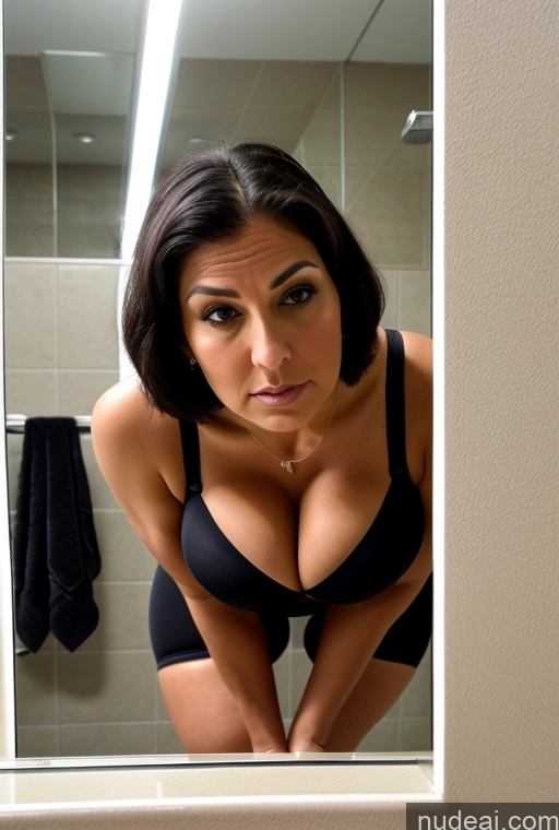 ai nude image of arafed woman in a black bra top looking at herself in a mirror pics of Huge Boobs Tall Tanned Skin Pantyhose Spandex Push-up Bra Cleavage Black Hair Bobcut Jewish Front View 30s Milf Sad Serious Tattoos Bending Over Chubby Bathroom Thick Several Dominatrix