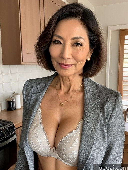 ai nude image of arafed woman in a gray suit and white bra top posing for a picture pics of Milf Two Perfect Boobs Beautiful Perfect Body 70s Bobcut Japanese Kitchen Bra Jacket Professor Stylish Suit Cleavage Detailed Sexy Face