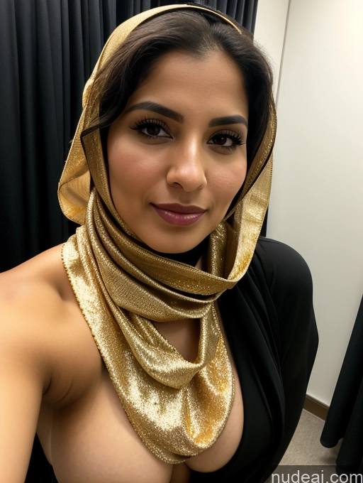 ai nude image of araffe woman wearing a gold scarf and a black dress pics of Woman One Busty 20s Seductive Long Hair Arabic Niqab Scarf Cleavage Jewelry Gold Jewelry Pearl Jewelry Diamond Jewelry Dark Lighting Detailed Bending Over Brunette Changing Room Close-up View