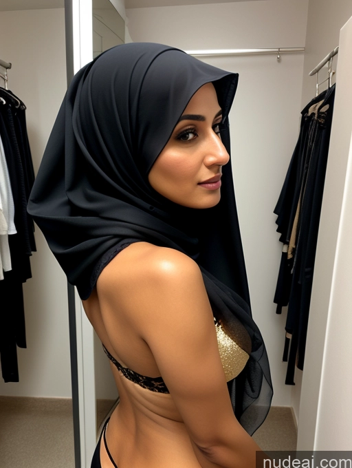 ai nude image of araffe wearing a black hijab and a gold bra pics of Woman One Busty 20s Seductive Long Hair Arabic Niqab Scarf Cleavage Jewelry Gold Jewelry Pearl Jewelry Diamond Jewelry Dark Lighting Detailed Brunette Changing Room Back View Bending Over