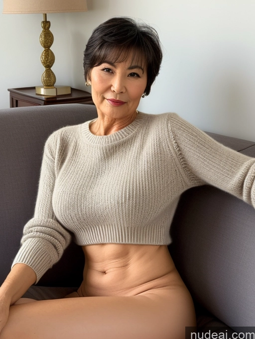 ai nude image of arafed woman sitting on a couch with a tan sweater pics of Milf Two Perfect Boobs Beautiful Perfect Body Pubic Hair 70s Seductive Pixie Chinese Couch Spreading Legs Nude Professor Secretary Stylish Sweater Detailed Sexy Face