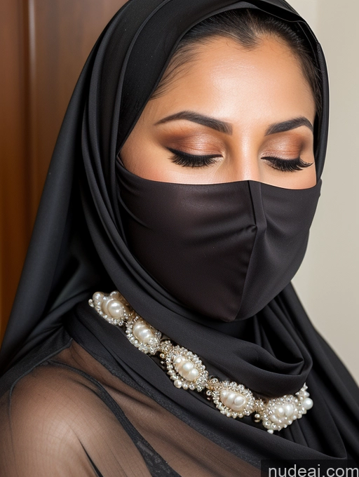 ai nude image of arafed woman wearing a black veil and a pearl necklace pics of Woman One Busty 20s Long Hair Arabic Scarf Pearl Jewelry Dark Lighting Detailed Brunette Bedroom Bending Over Orgasm Long Skirt Niqab Cleavage Close-up View Suit Blouse