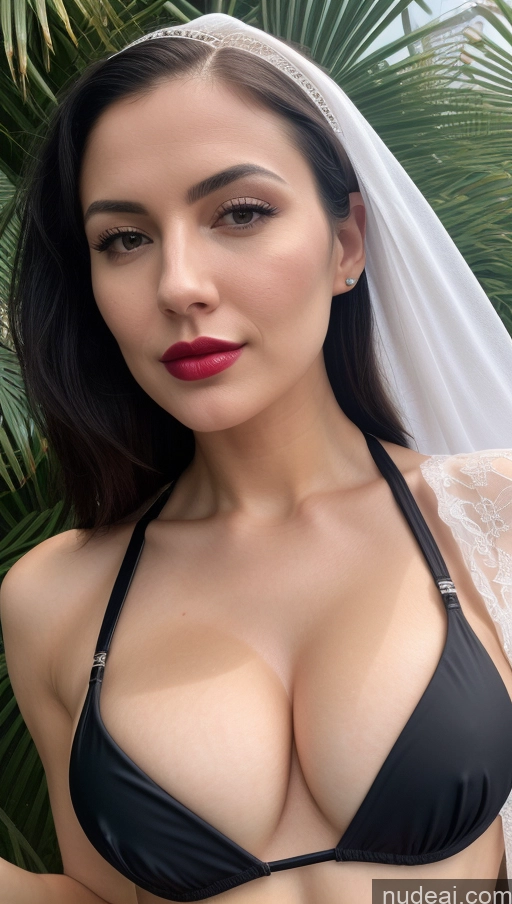 ai nude image of arafed woman in a black bikini with a veil and a tiable pics of Woman One Beautiful Close-up View Detailed Perfect Boobs Slicked Black Hair Lipstick Fairer Skin White Bra Microkini Cleavage