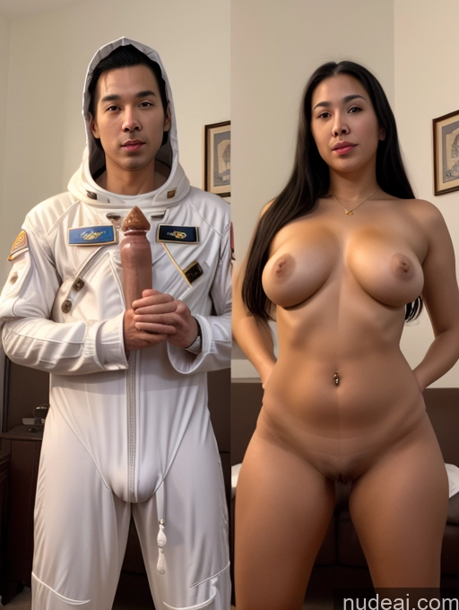 ai nude image of arafed asian woman in a space suit and a man in a space suit pics of Woman + Man Two 40s Sexy Face Black Hair Long Hair Vietnamese Warm Anime Bedroom Blowjob Nude Partially Nude Simple Bright Lighting Dark Lighting Diamond Jewelry Jewelry Gold Jewelry Pearl Jewelry Space Suit Nun Onoff