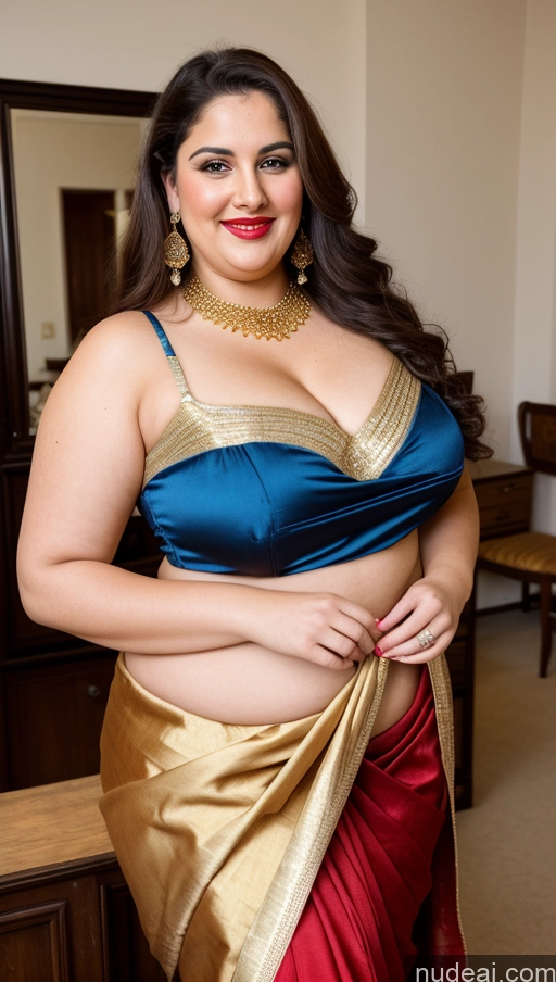 ai nude image of araffe woman in a blue and gold sari posing for a picture pics of Milf Busty Beautiful Lipstick Thick Chubby Fat Big Hips Fairer Skin 20s Happy Seductive Brunette Long Hair Party Front View Straddling Sari Blouse Dirndl Victorian Cleavage Gold Jewelry