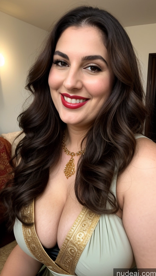 ai nude image of smiling woman in a green dress with a gold trim pics of Milf Busty Beautiful Lipstick Thick Chubby Fat Big Hips Fairer Skin 20s Happy Seductive Brunette Long Hair Party Front View Straddling Sari Blouse Dirndl Victorian Cleavage Gold Jewelry