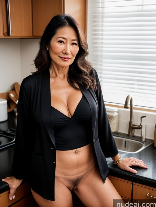 ai nude image of there is a woman in a black top and a black blazer pics of Milf Perfect Boobs Beautiful Perfect Body Pubic Hair 70s Japanese Kitchen Spreading Legs Nude Blouse Jacket Professor Secretary Stylish Topless Dark Lighting Detailed